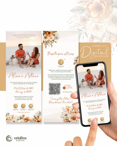 315 Convite de Casamento Virtual Floral Terracota e Creme Premium