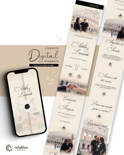 327 Convite de Casamento Digital Clássico Preto e Champgne Elegance Musical