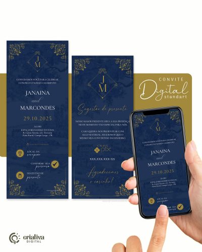332 Convite de Casamento Virtual Azul e Dourado Standart