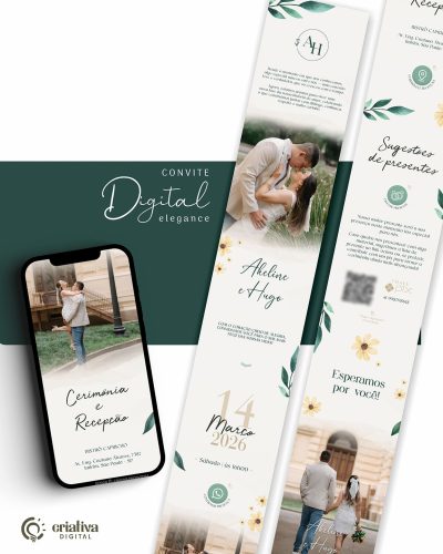 338 Convite de Casamento Virtual Folhagem Verde e Amarelo Elegance