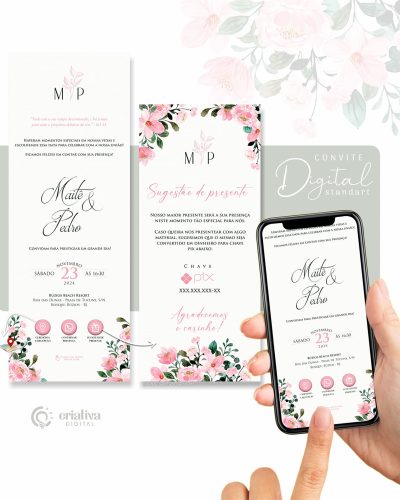 Convite de Casamento Virtual Floral Rosa Standart